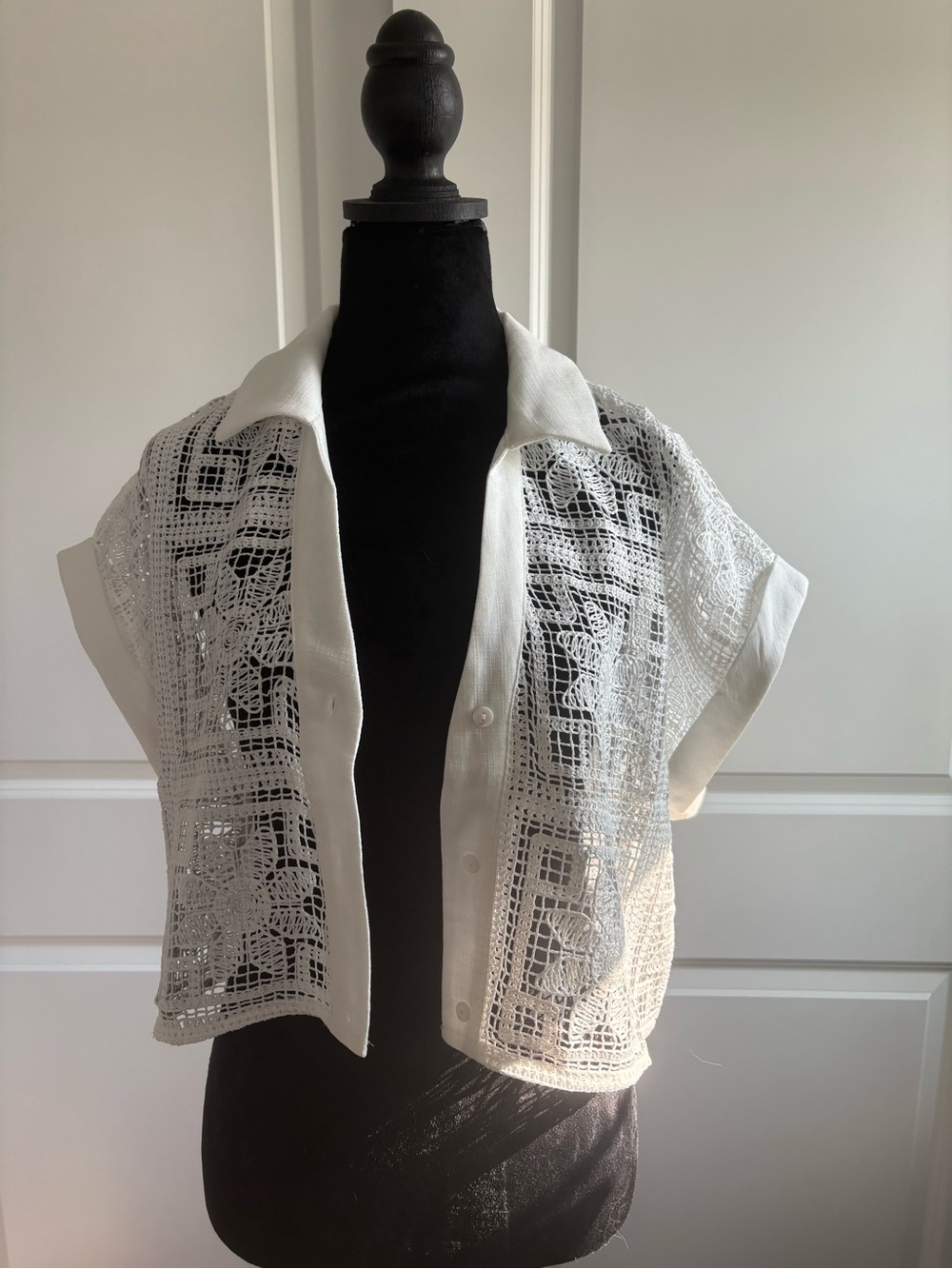 White Crochet Button-Front Short Sleeve Shirt with Collar